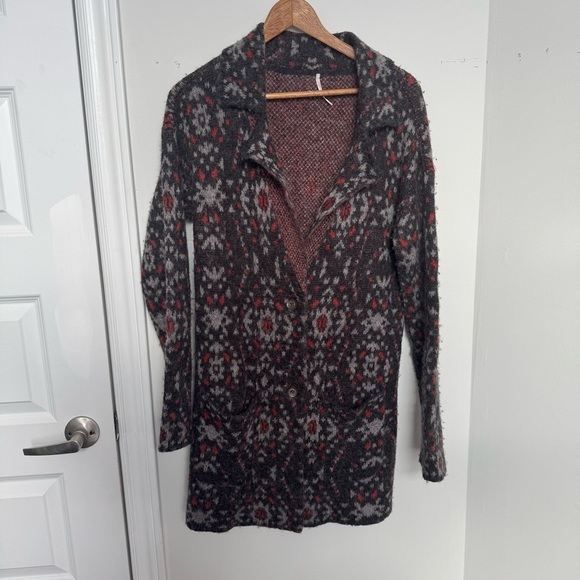 Free People Black South-West Aztec Geo Print Long Cozy Jacket Wool Alpaca S - Picture 2 of 5
